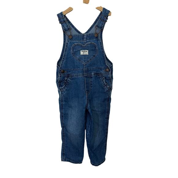 Oshkosh B’gosh Vestbak Overalls Toddler Girl Heart Pocket 2T Ruched Pockets Jean - Picture 1 of 9